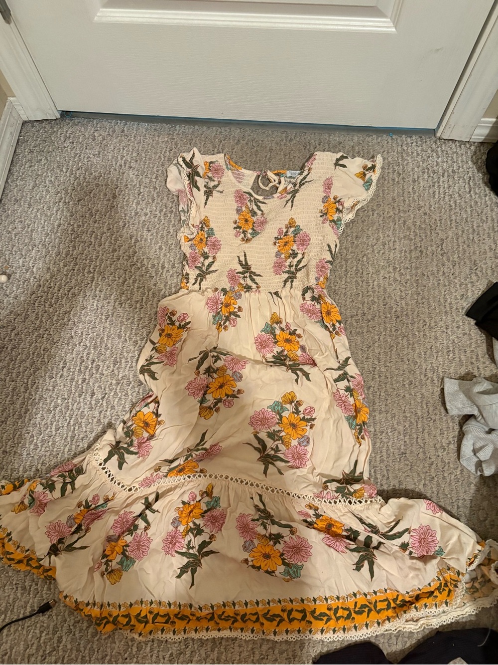 Patrons of Peace Cream Maxi Dress with Yellow & Pink Floral Print
